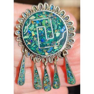Vintage Mexican Inlaid Turquoise Taxco Pendant Brooch Sterling Silver Mexico